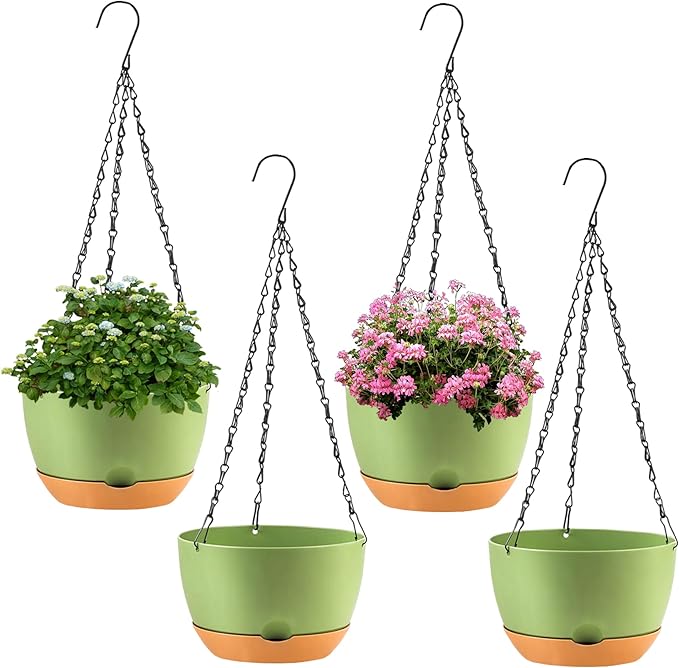 4 Pack Plastic Hanging planters for Indoor Plants,8 Inch Plant Pot Indoor Outdoor Hanging Baskets,Hanging Flower Pots with Drainage Holes and Chain for Garden Porch Plants (Green)-CasaMuseHome