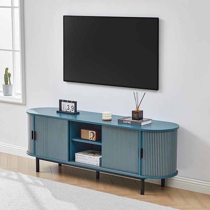 62" Tambour Door TV Stand,Wood Mid Century Modern TV Cabinet for Up to 75“ TV,Curved Edge Long TV Stand with Storage for Bedroom Living Room(62.2inch,Blue)-CasaMuseHome