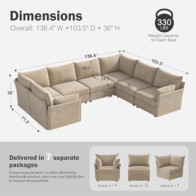 136.4" Oversized Modular Sectional Sofa, U Shaped Convertible Couch with Movable Ottoman, Large 7 Seat Corner Couches for Living Room Deep Seat Beige Chenille-CasaMuseHome