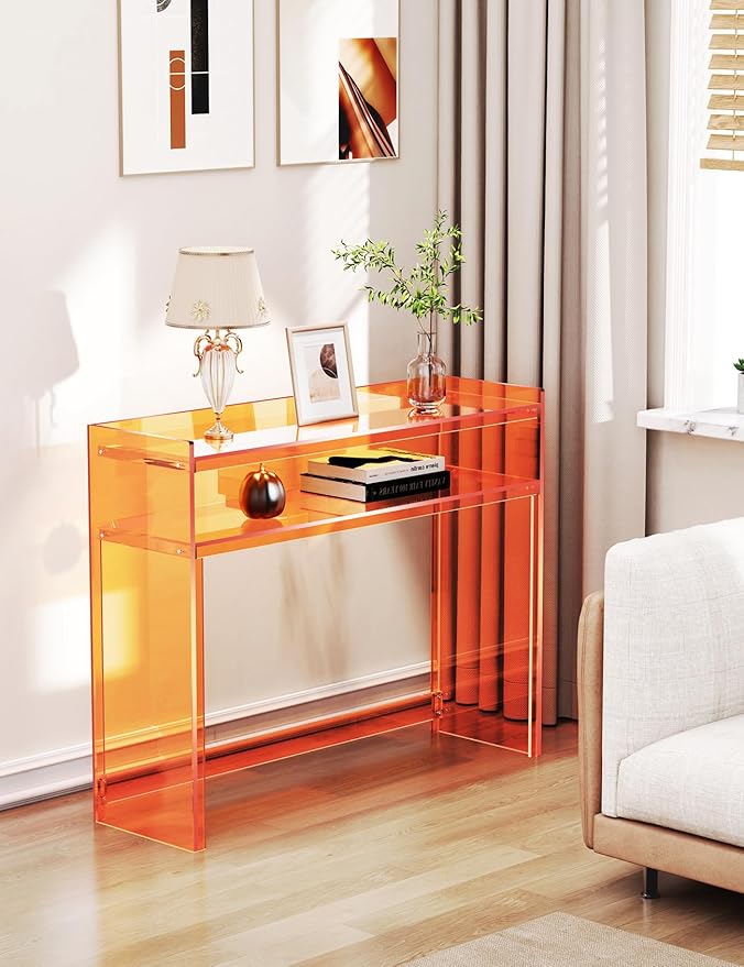 Acrylic Console Table, Entryway Table with Storage Shelves (1, 39.4 * 31.5 * 11.7 inches) (Orange)-CasaMuseHome