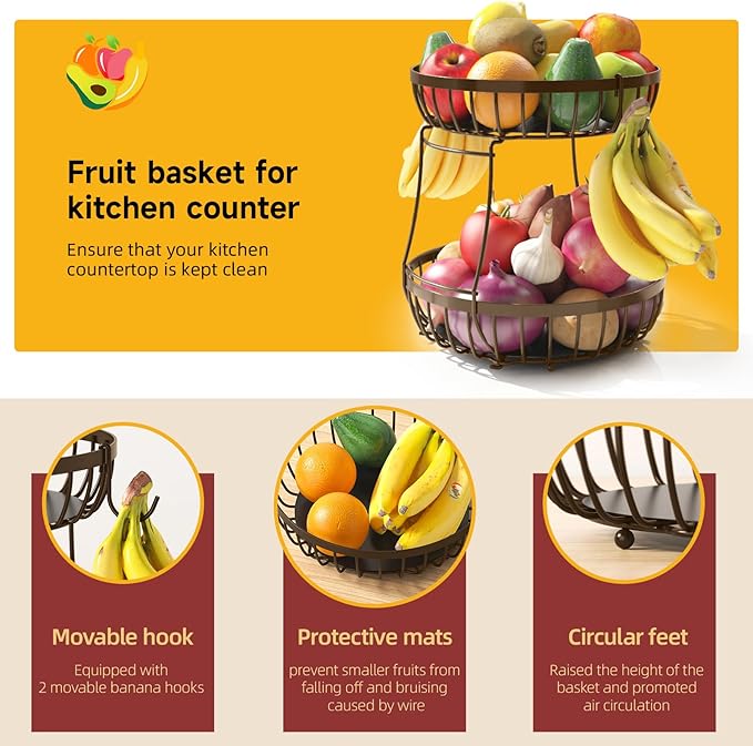 2 Tier Fruit Basket for Kitchen Counter with 2 Banana Hangers, Metal Stackable Fruit Bowl for Kitchen Counter for Bread Vegetable Fruits, Brown-CasaMuseHome