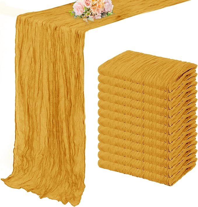 12 Pack Mustard 10FT Cheesecloth Table Runner Rustic Gauze Fabric Cheese Cloth Table Runner for Wedding Bridal Baby Shower Table Decor Boho Sheer Birthday Party Table Decorations 20 x 120 Inch Long-CasaMuseHome