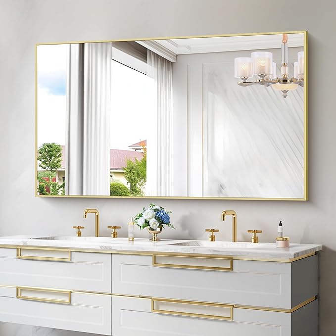 30x55In Gold Bathroom Mirror for Wall, Brushed Gold Rectangle Mirrors with Metal Frame, Bathroom Rectangular Mirror Modern Wall Mirror for Bedroom Living Room, Hangs Horizontal or Vertical-CasaMuseHome