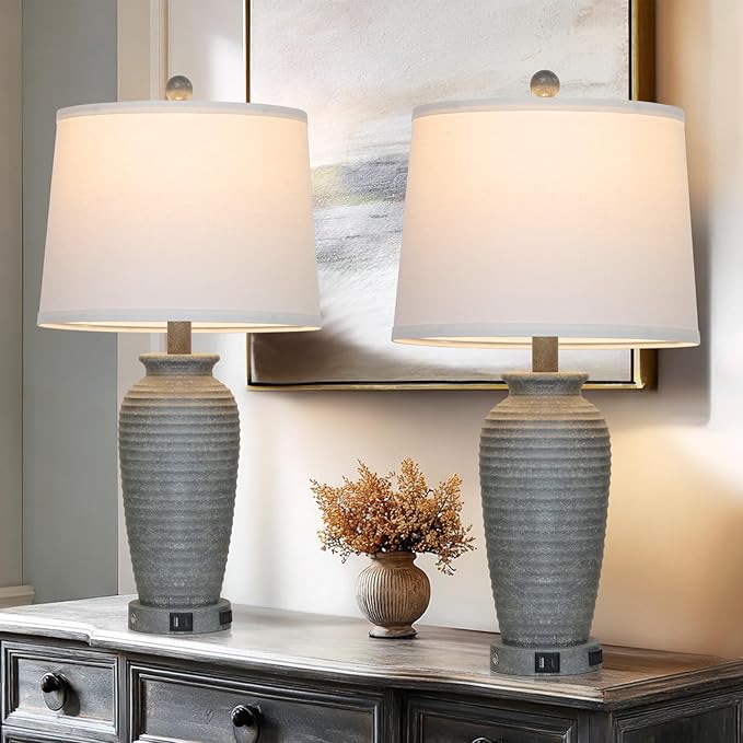 25" Grey Vintage Table Lamp Set of 2 Farmhouse Jar Table Lamps for Living Room，Touch Bedside Lamps with USB A+C Ports & AC Outlet, Pot Nightstand Lamps for Bedroom Living Room (LED Bulbs Included)-CasaMuseHome