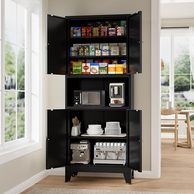 69" Tall Kitchen Pantry Cabinet, Metal Storage Cabinet with 4 Doors and Adjustbale Shelves, Freestanding Cupboards for Dining Room, Living Room, Bathroom-CasaMuseHome