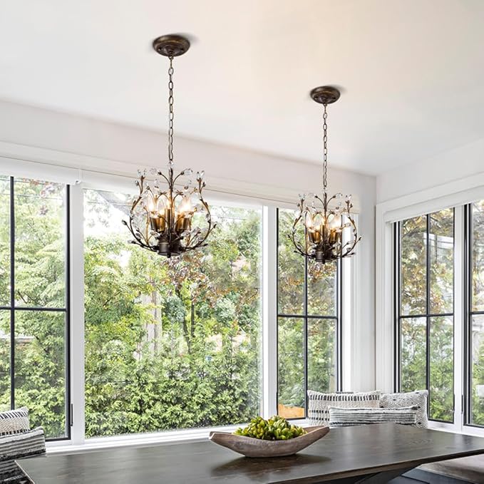 5-Light Vintage Crystal Branch Chandelier Farmhouse Hanging Pendant Light Fixtures for Living Room Dining Room Foyer Kitchen Island Hallway, Aged Bronze-CasaMuseHome