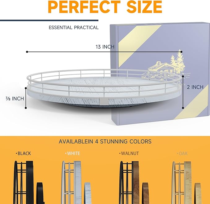 13" Oak Bathroom Vanity Tray Turntable for Perfume Candle, Round Wooden Decorative Tray for Kitchen Sink Countertop Organizer, Bathroom Counter Organizer for Skincare Makeup, Rustic White-CasaMuseHome