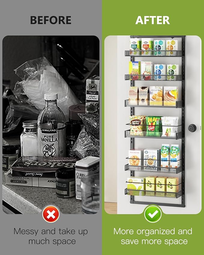 6-Tier Over the Door Pantry Organizer, 2 in 1 Large Door Spice Rack with Adjustable Metal Baskets, Heavy Duty Hanging or Wall Mounted Storage Organizer for Kitchen Pantry and Room Wall-CasaMuseHome