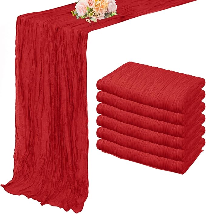 6 Pack Red 10FT Cheesecloth Table Runner Rustic Gauze Fabric Cheese Cloth Table Runner for Wedding Bridal Baby Shower Table Decor Boho Sheer Birthday Party Table Decorations 20 x 120 Inch Long-CasaMuseHome