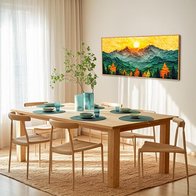 Abstract Sun Mountain Framed Canvas Wall Art Set, Forest Pine Tree Golden Sunset Wall Decor, Mixed Patchwork Landscape Art Print for Living Room, Bedroom, Dining Room, Office - 20"x40"-CasaMuseHome