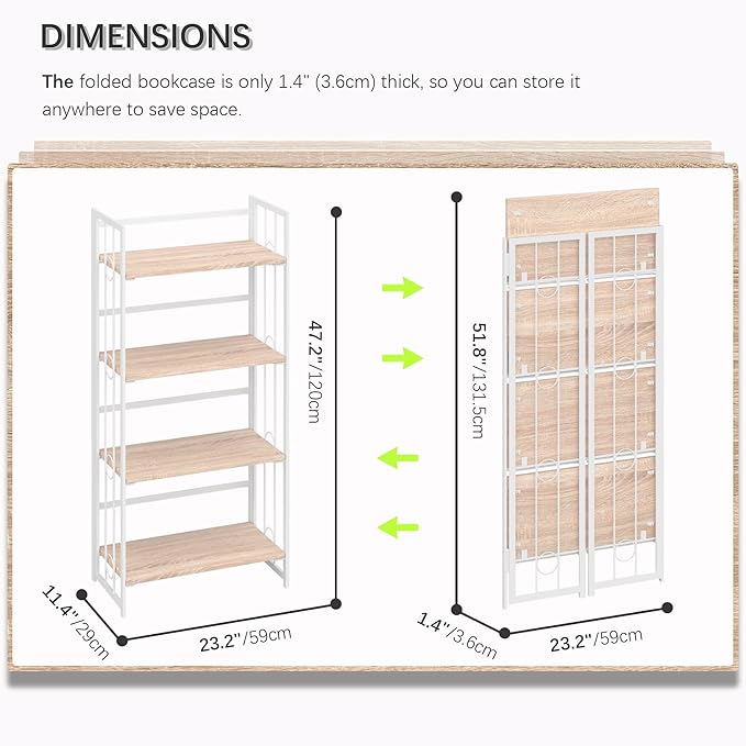4NM No Assembly 4 Tiers Folding Bookshelf, 47.2" H Foldable Storage Shelves Vintage Bookcase Standing Racks Study Organizer Home Office - Natural White-CasaMuseHome