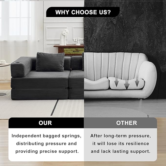 78" W Loveseat Sofa, 4 in 1 Convertible Floor Sofa Bed, Boneless Cloud Couch with Cup Holder, Fold Out Floor Couch, Loveseat Recliner Sleeper for Living Room Bedroom Lounge(Corduroy, White)-CasaMuseHome