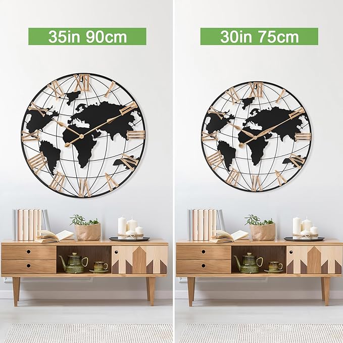 36 Inch Extra Giant Oversized Black Metal Wall Clock,Large Modern Decorative Silent World Map Wall Clock with Vintage Gold Roman Numeral for Living Room,Entrance Fireplace,Dining Room Decor-CasaMuseHome