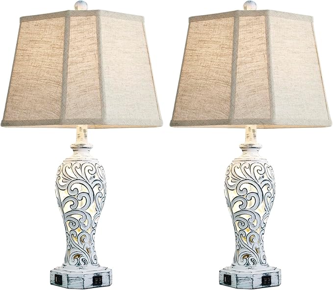 25'' Farmhouse Table Lamps Set of 2 for Living Room Bedroom, 2 USB Ports Rustic Vintage Nightstand Table Lamp with Nightlight, Hollow Out Resin Lamp for End Table (Bulbs Included)-CasaMuseHome
