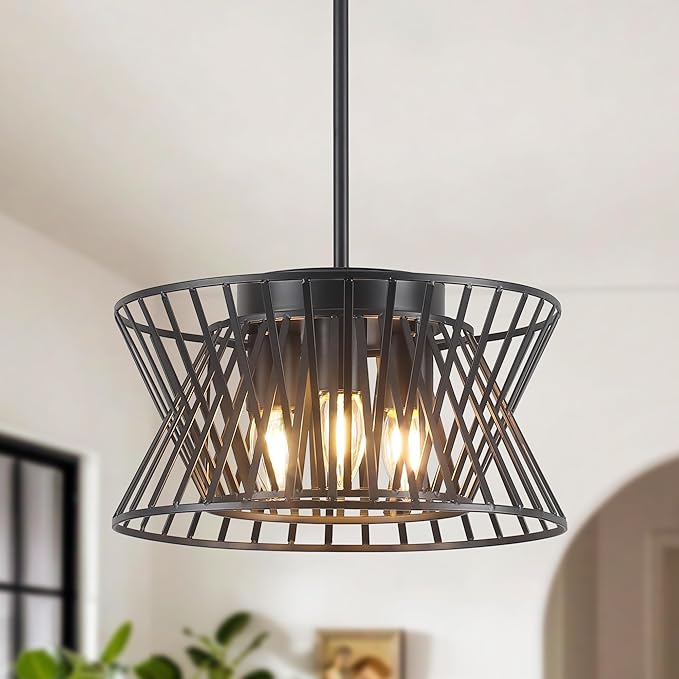 3-Lights Black Pendant Light Vintage Geometric Chandelier Light Fixture Adjustable Metal Lighting Fixtures for Kitchen Room Dining Room Foyer-CasaMuseHome