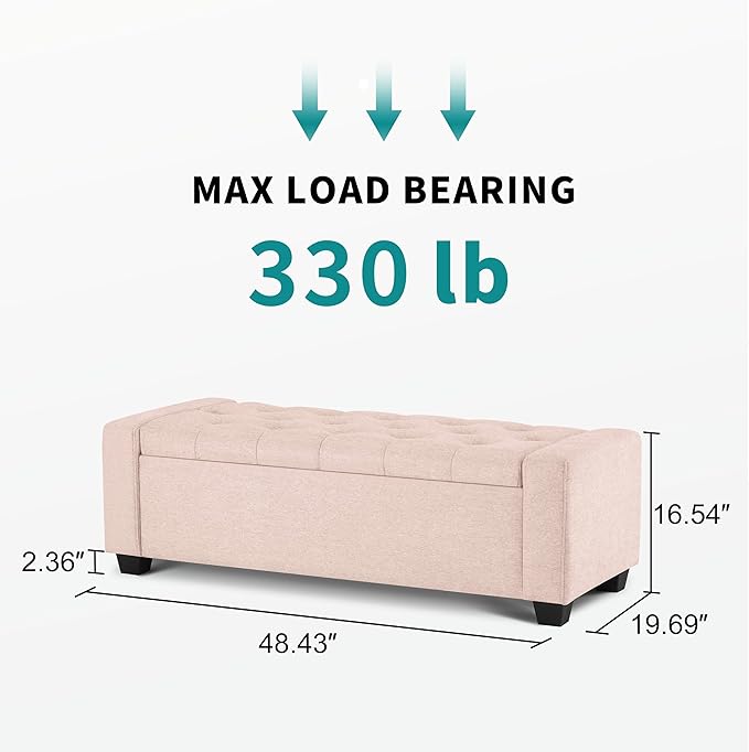 48" Ottoman with Storage, Pink Storage Ottoman Bench with Safety Hinge, Upholstered Entryway Bench with Seating for Bedroom, Living Room, Holds up to 330 lb-CasaMuseHome