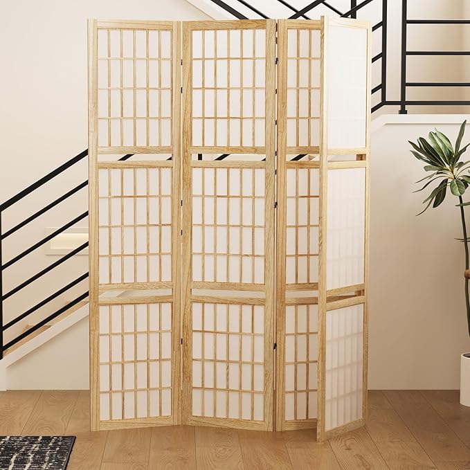 5.6FT Room Divider and Folding Portable Partition Screen, Chinese Japanese Shoji Style with Three Display Shelves for Room Separation - 4 Panel (Natural)-CasaMuseHome