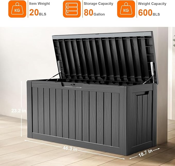 80 Gallon Resin Deck Box, Lockable Outdoor Storage Box for Patio Cushions Storage Furniture,Garden Tools, Pool Supplies, Weatherproof and UV Resistant- Black (80 Gallon)-CasaMuseHome