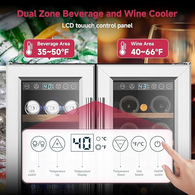 24" Wine and Beverage Refrigerator, Dual Zone Wine Cooler with Glass Door, Hold 88 Cans & 21 Bottles, Built in or Freestanding Under Counter Wine Fridge with Blue LED Light.-CasaMuseHome