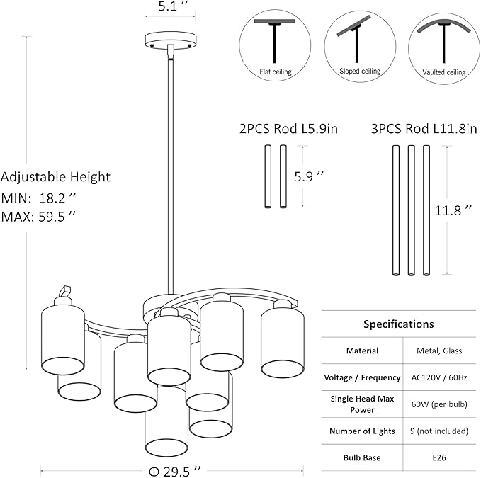 9-Light Gold Glass Chandelier, Adjustable Height Dining Room Light Fixtures Over Table, Contemporary Hanging Chandelier for Kitchen Island Living Room Foyer Office, Clear Glass Shade-CasaMuseHome