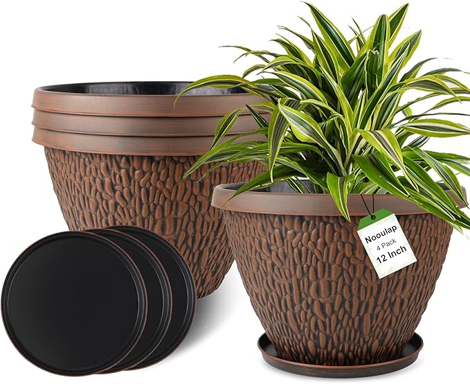 4 Pack 12 Inch Pots for Plants, Plastic Outdoor Flower Pots with Drainage Hole & Tray, Large Planters for Garden Porch Home Indoor Outdoor Decor - Pebbles Pattern Design Plant Pots-CasaMuseHome
