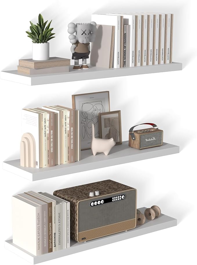 40 Inch Floating Shelf 3 Pack Large Floating Shelves for Wall No Drilling Accessories Included Deep Wall Shelves for Living Room Kitchen Farmhouse 40" W x 12" D x 1.2" White-CasaMuseHome