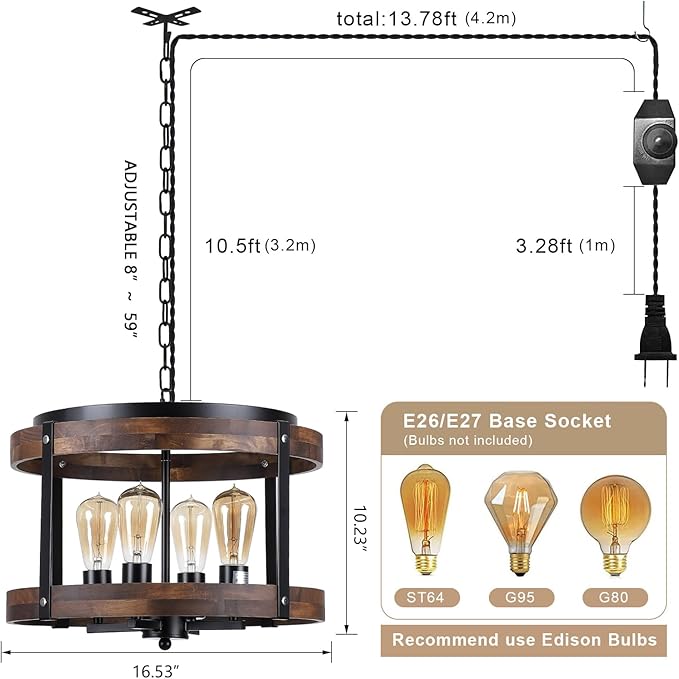 4-Light Large Rustic Farmhouse Plug in Pendant Light Fixture with Adjustable Chain, Dimmable Switch, 16.5 inch Oak Wood Drum Hanging Lamp for Dining Room Living Room Farmhouse Entry, Black-CasaMuseHome