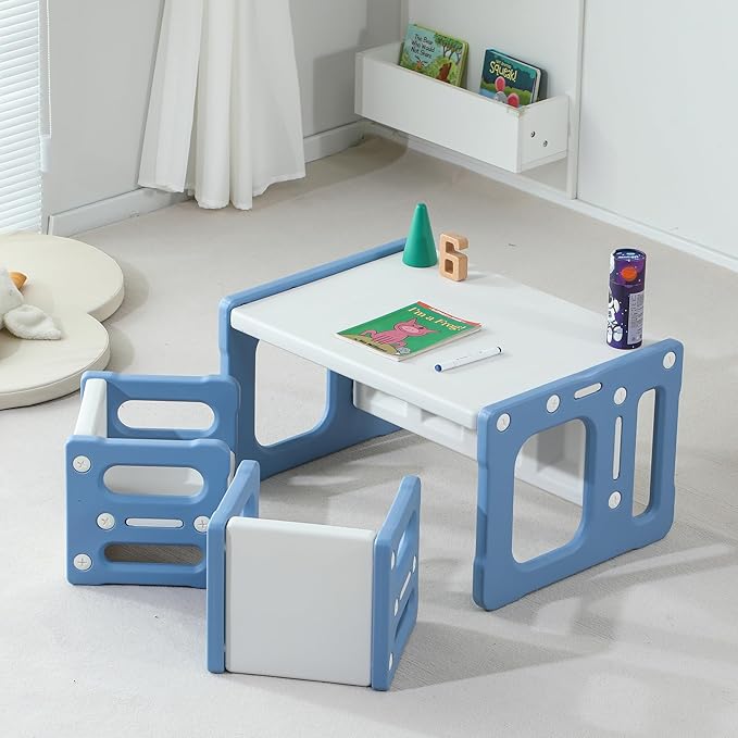 3 in 1 Montessori Weaning Table and 2 Chairs Set, Kids Activity Table Set, 2 Height Levels, Toddlers Activity Table for Drawing, Dining, Reading and Playing, Blue-CasaMuseHome