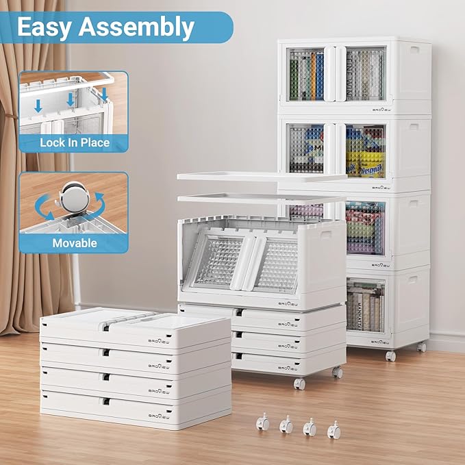 300Qt Stackable Storage Bins with Lids, 75Gal Closet Organizers and Storage Drawer, Plastic Collapsible Storage Bins with Doors, Heavy Duty Store Box Cabinet for Home Kitchen, 3Pack White-CasaMuseHome