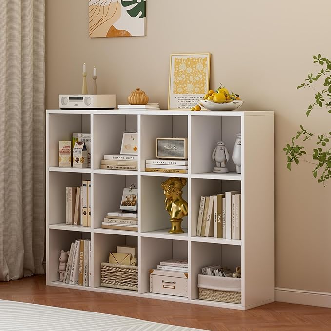 12-Cube Storage Shelf Bookcase - Wooden 3-Tier Floor Standing Open Bookshelf for Home and Office, Display Cabinet, Warm White-CasaMuseHome