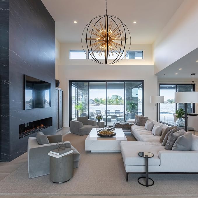 43.3" Black Gold 18-Light Globe Sputnik Chandelier Modern Adjustable Hanging Ceiling Firework Pendant Light Fixture for Entryway Foyer Stairway Kitchen Dining Living Room Hallway-CasaMuseHome