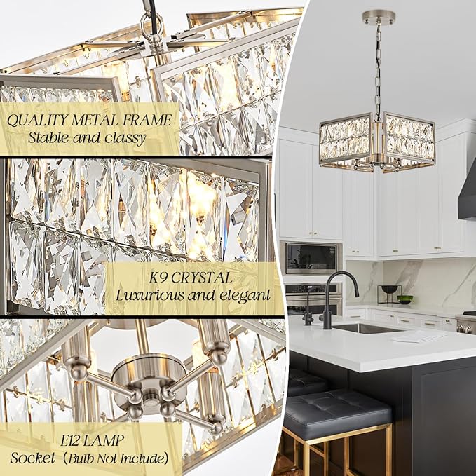 12” 4-Light Modern Crystal Chandeliers Nickel Dinning Room Light Fixture, Square Pendant Light Kitchen Island Chandelier, Flush Mount Ceiling Light for Living Room Entryway Bedroom Foyer-CasaMuseHome