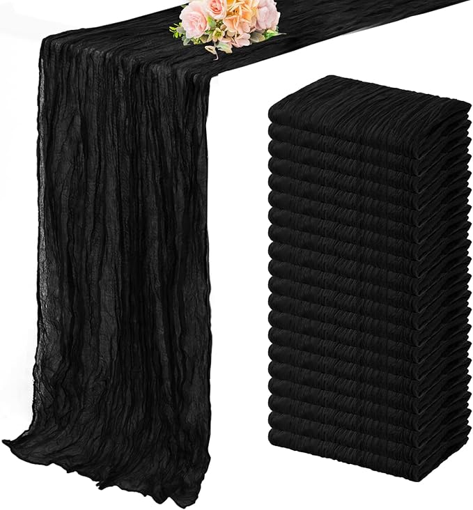 10FT 20 Pack Black Cheesecloth Table Runner 20 x 120 Inch Long Boho Fabric Rustic Cheese Cloth Table Runner for Wedding Bridal Shower Baby Shower Gauze Sheer Birthday Party Table Decorations-CasaMuseHome