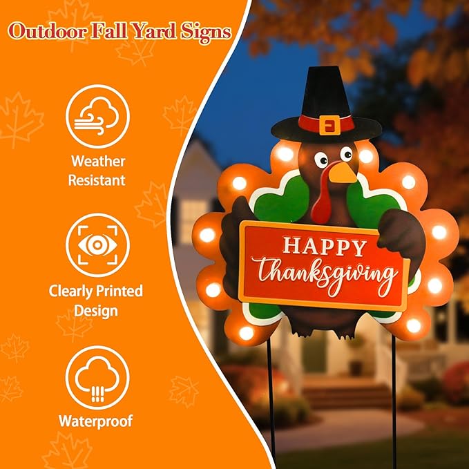 2 PCS Fall Decorations Outdoor Metal Happy Thanksgiving Decorative Garden Stakes with Led Light Welcome Pumpkin Turkey Yard Signs Fall Harvest Lawn Garden Lawn Pathway Decor-CasaMuseHome