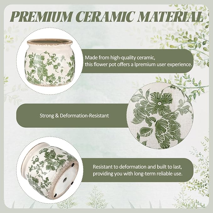 2 Pcs Vintage Planter Large Ceramic Plants Pot Beige Green Vintage Floral Ice Crack Cottage Scroll Vase Flower Vase Pot Indoor Plants Home Kitchen Decor Farmhouse Antique Decorative Gifts-CasaMuseHome