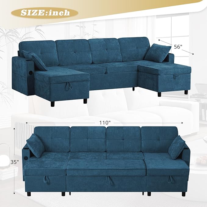 110 Inches Chenille Sectional Sofa w/Pull Out Sofa Bed & Adjustable Back, Tufted U Shaped Couch w/Two Storage Chaises, Sleeper Sectional Sofa w/USB Port & Cup Holders for Living Room, Blue-CasaMuseHome