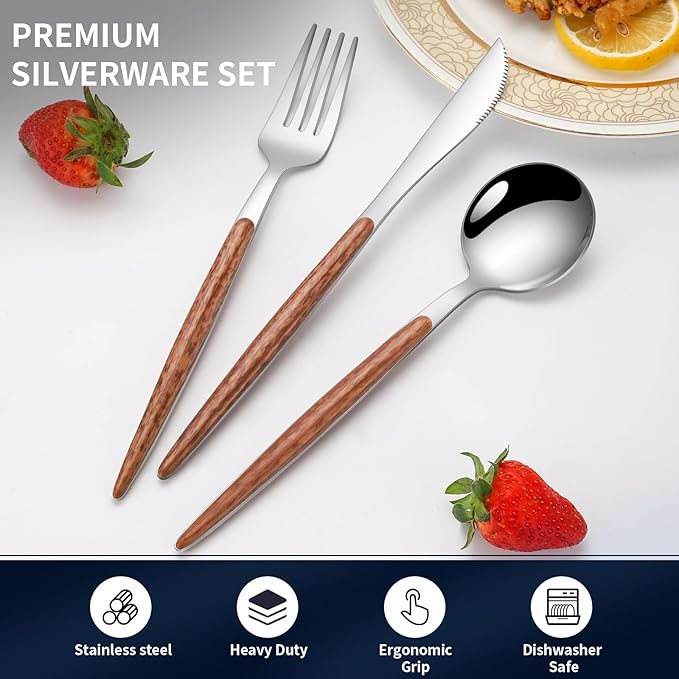 16 PCS Silverware Set for 4,Stainless Steel Flatware Cutlery Eating Utensils Set with Wood Grain Handle,Steak Knives Forks and Spoons for Home,Party,Mirror Polished and Dishwasher Safe-CasaMuseHome