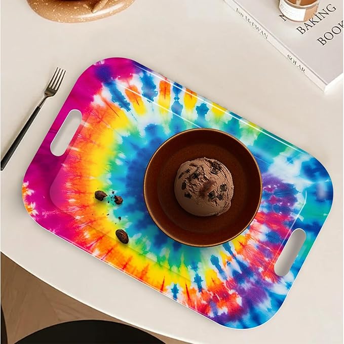 Serving Trays with Handles, 14.5 x 9.8 inch Rectangular Plastic Tray for Restaurant, Kitchen, Tie-Dye Colorful Spiral Patterns-CasaMuseHome