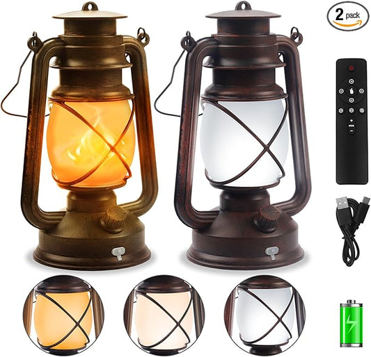 2 Pack Bronze Vintage 4 Modes Light LED Lanterns，Rechargeable Dancing Flame Lanterns Decorative Outdoor&Indoor, Remote Control Waterproof Hanging Lights for Camping,Patio Garden Pathway-CasaMuseHome