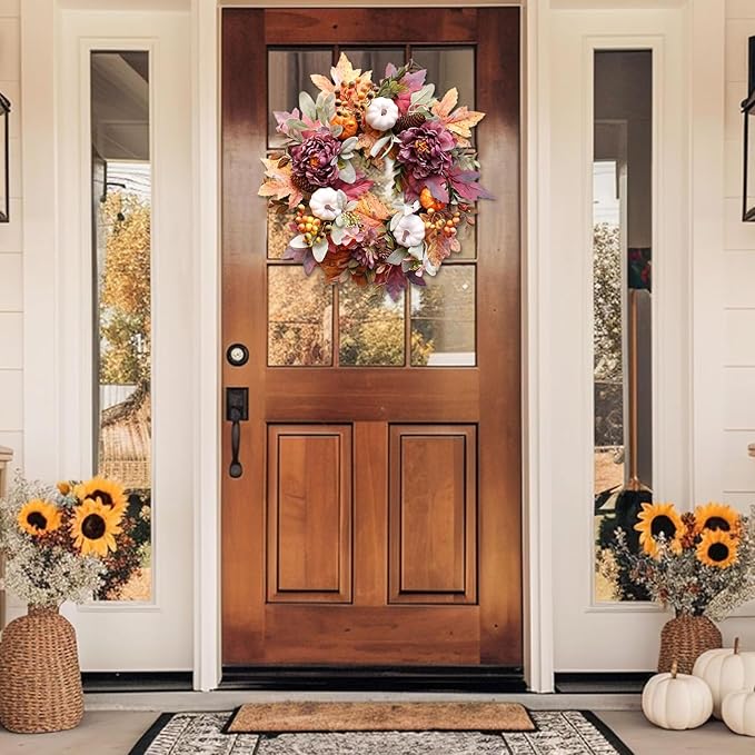 20Inch Fall Wreaths for Front Door,Fall Wreath,Fall Decorations for Home,Autumn Wreaths with White Pumpkins Peony Pine Cones, Fall Door Wreath for Thanksgiving Halloween Indoor Outdoor Decor-CasaMuseHome
