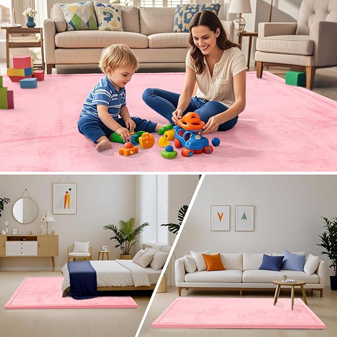 ACOMOPACK Baby Play Mat for Floor,1.3" Thick Memory Foam Area Rug for Living Room,Soft Velvet Crawling with Non-Slip Bottom for Kid,Toddler,59"×71" Tummy Time Nursery Rugs,Yoga（Pink）-CasaMuseHome