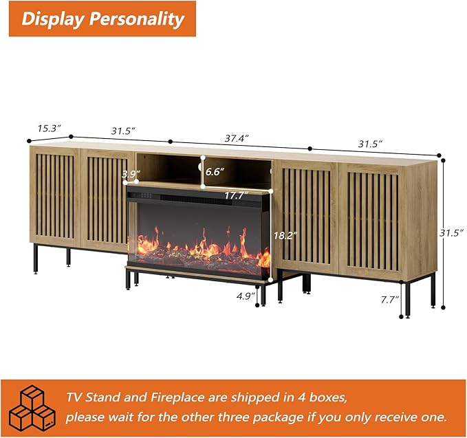 3-Sided Glass Farmhouse Fireplace TV Stand for TVs Up to 100 Inch, Entertainment Center with 36" Electric Fireplace, Oak TV Console with Storage Cabinets for Living Room-CasaMuseHome