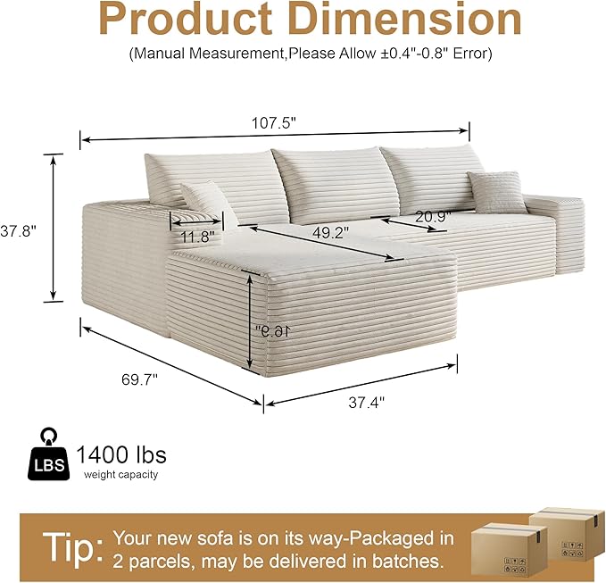 108" Sectional Couches for Living Room Modern Modular Sofa with L-Shape Couchs Upholstered Boneless Couch Deep Seat Sectional Couch with Chaise (White, Left Facing Chaise+2Seaters)-CasaMuseHome