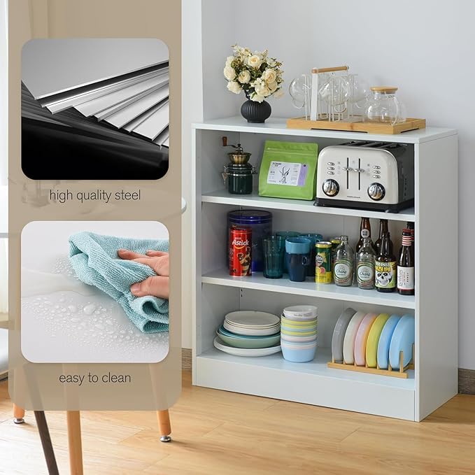 3-Tier Bookshelf with Adjustable Shelves, White Metal Space Saving Storage Shelf Bookcase, Small Open Storage Shelf for Living Room, Home Office, Dinning Room, Pantry (White-36H)-CasaMuseHome