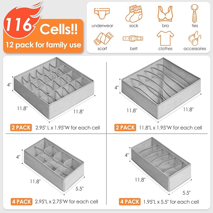 12 Pack Sock Underwear Drawer Organizer Dividers, 116 Cells Fabric Foldable Dresser Closet Organizers and Storage Bins for Baby Clothing, Women Men Underwear Socks, Bra, Ties, Scarf-CasaMuseHome