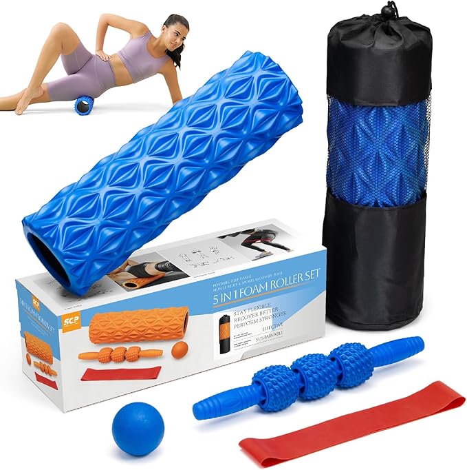 5 in1 Foam Roller Set, Trigger Point Foam Roller, Massage Roller Stick, Massage Ball, Resistance Band for Deep Muscle Massage Pilates Yoga,Fitness Exercise for Whole Body (Pure Blue)-CasaMuseHome