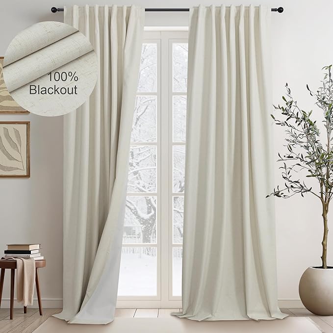 100 Inch Length Custom Summer Curtains for Windows Living Room Viral Back Tab Pleated Extreme Blackout Curtain Linen Designer Drapes for Sliding Glass Doors Patio 52 Wide x 100 Long Tall 2 Panel Beige-CasaMuseHome