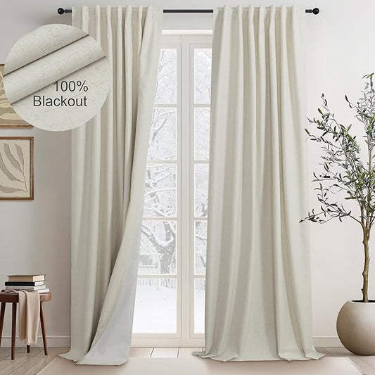 100 Inch Length Custom Summer Curtains for Windows Living Room Viral Back Tab Pleated Extreme Blackout Curtain Linen Designer Drapes for Sliding Glass Doors Patio 52 Wide x 100 Long Tall 2 Panel Beige-CasaMuseHome
