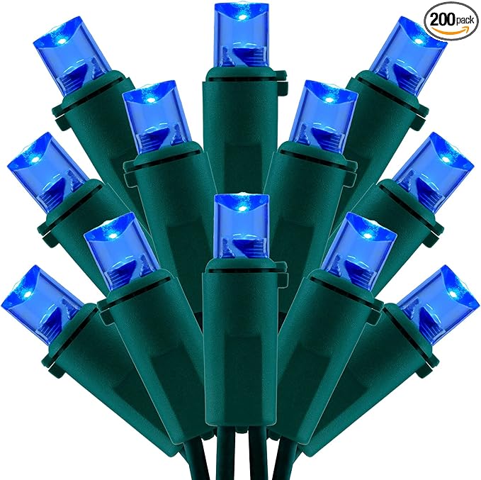 200 Count Blue Wide Angle LED Christmas Lights, 66 ft Green Wire UL Certified Commercial Grade 5mm Holiday String Light Set (Blue)-CasaMuseHome