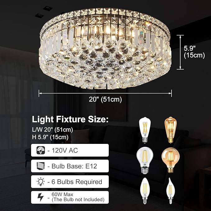 6-Lights Black Crystal Flush Mount Chandelier Light Fixture K9 Crystals Modern Ceiling Lights Elegant Pendant Lamp for Bedroom,Hallway,Bar,Living Room,Dining Room,H5.9 xW20 (Bulbs Not Included)-CasaMuseHome